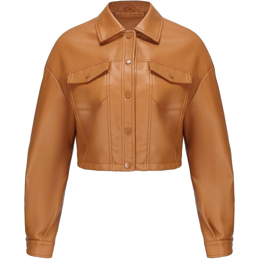 🆕Women Brown Cropped Moto Biker Short Comfortable Faux Leather Fashion Jacket